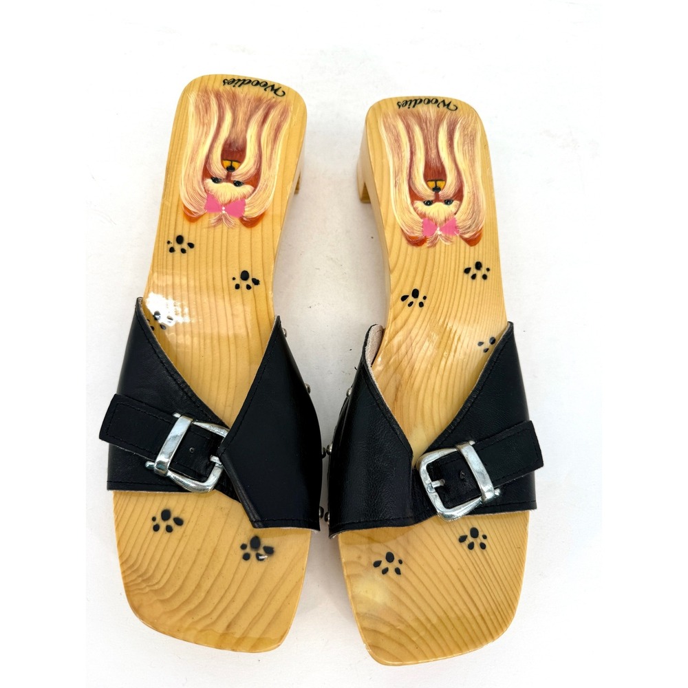Vintage Woodies Clogs Slides Sandals Leather Strap Dog Graphic Size‎ 10 Novelty